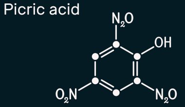 Pikrik asit 2,4,6-trinitrofenol, TNP, C6H3N3O7 molekülü. Patlayıcı olarak bir rolü var, antiseptik bir ilaç. Koyu mavi arka planda iskelet kimyasal formül. Görüntü