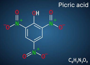 Pikrik asit 2,4,6-trinitrofenol, TNP, C6H3N3O7 molekülü. Patlayıcı olarak bir rolü var, antiseptik bir ilaç. Koyu mavi arkaplanda yapısal kimyasal formül. Vektör illüstrasyonu