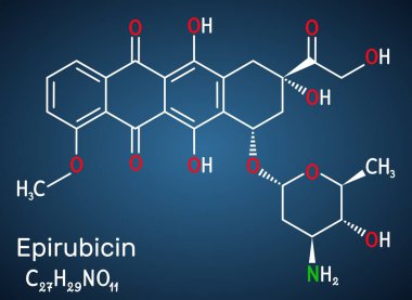 Epirubicin molekülü. Kemoterapi için antraksilin ilacı. Koyu mavi arkaplanda yapısal kimyasal formül. Vektör illüstrasyonu