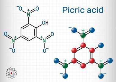 Pikrik asit 2,4,6-trinitrofenol, TNP, C6H3N3O7 molekülü. Patlayıcı olarak bir rolü var, antiseptik bir ilaç. Yapısal kimyasal formül ve molekül modeli. Kâğıtta bir sayfa kağıt. Vektör illüstrasyonu