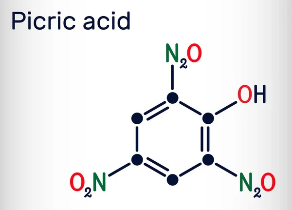 ピクリック酸2 Trinitrophenol Tnp C6H3N3O7分子 爆発性の防腐剤としての役割がある 骨格化学式 ベクターイラスト — ストックベクタ