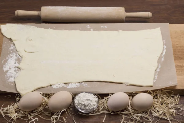 Process of making cooking homemade food. Rolling pin, rolled dough — 스톡 사진