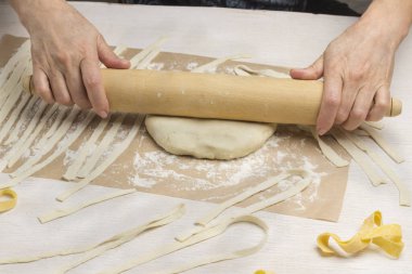 Eller merdaneyle hamuru yuvarlıyor. Ev yapımı yemek pişirme süreci.