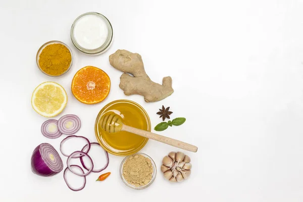 Citrusfélék Gyömbér Méz Fokhagyma Hagyma Joghurt Készlete Vírus Elleni Természetes — Stock Fotó