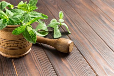 Tahta havanda nane yaprakları. Koyu ahşap arka plan. Üst Manzara. Kapatın. Boşluğu kopyala