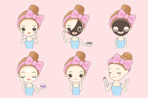 Cartoon mulher fazer cuidados faciais —  Vetores de Stock