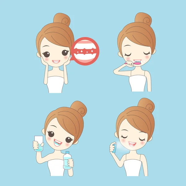 Wanita kartun membersihkan giginya - Stok Vektor