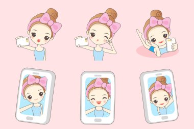 Çizgi film kadın gülümseme almak selfie