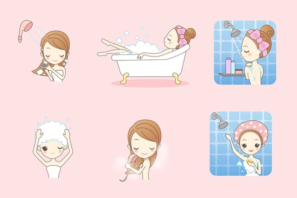 Desenhos animados jovem mulher desfrutar de banho —  Vetores de Stock