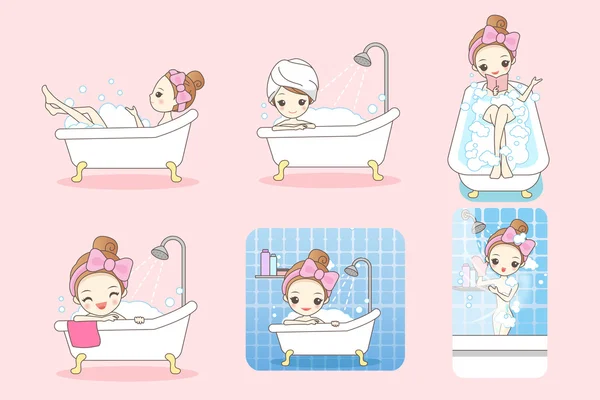 Mujer de dibujos animados está tomando baño — Vector de stock