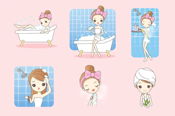 Mujer de dibujos animados está tomando baño — Vector de stock