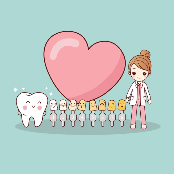 Diente de dibujos animados feliz y dentista — Vector de stock