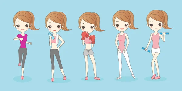 Mujer de dibujos animados hacer ejercicio diferente — Vector de stock