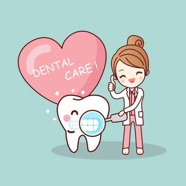 Щасливий мультяшний зуб і стоматолог — стоковий вектор