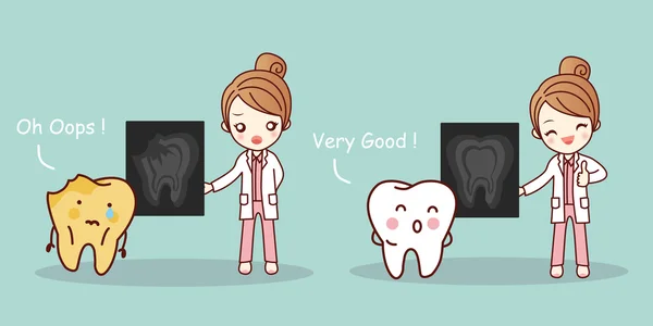 Médico e dentes de acordo com raio-x —  Vetores de Stock