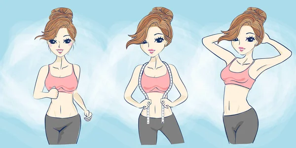 Dibujos animados mujer uso cuerpo medida — Vector de stock