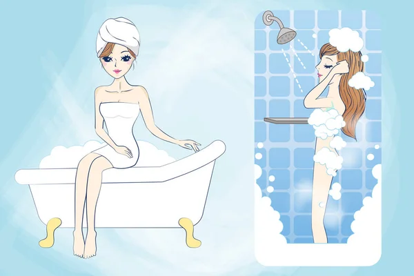 Desenhos animados mulher tomando um banho —  Vetores de Stock