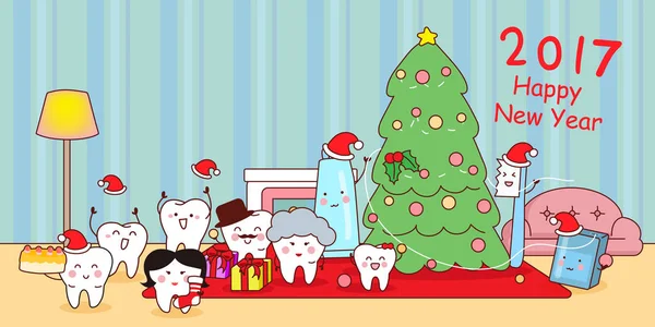Cartoon tooth family celebrate Christmas — Stock Vector