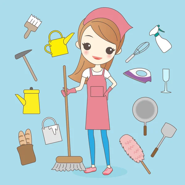 Cartoon housewife do housework cleaning — Stock Vector