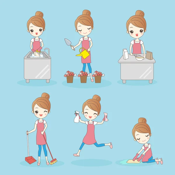 Gadis sibuk membersihkan rumah - Stok Vektor