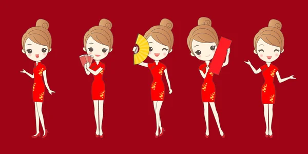 Rajzfilm nő viseljen cheongsam — Stock Vector