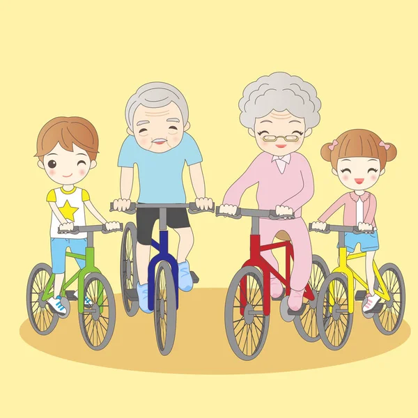 Abuelos montar en bicicleta con nietos — Vector de stock