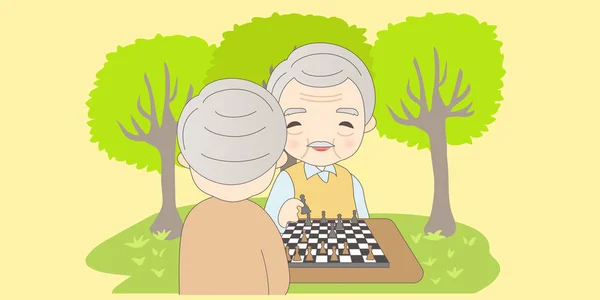 Orang tua kartun bermain catur - Stok Vektor