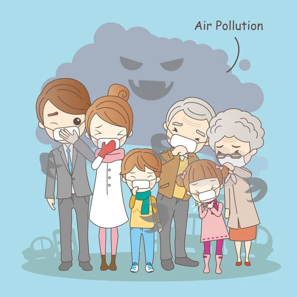 Cartoon family with air pollution — Stock Vector