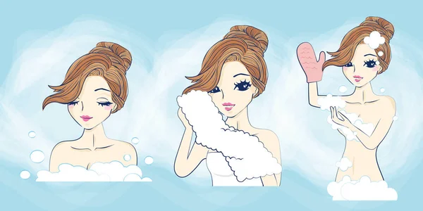 Donna dei cartoni animati fare un bagno — Vettoriale Stock