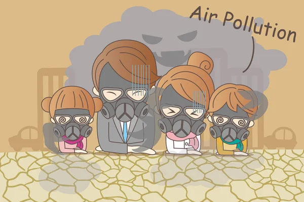 Familia de dibujos animados con contaminación del aire — Vector de stock