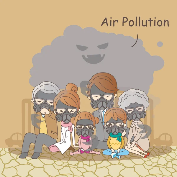 Cartoon family with air pollution — Stock Vector