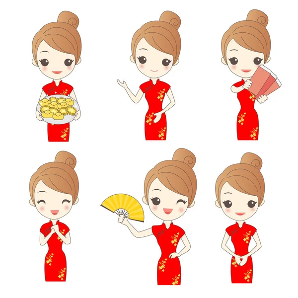 Rajzfilm nő viseljen qipao — Stock Vector