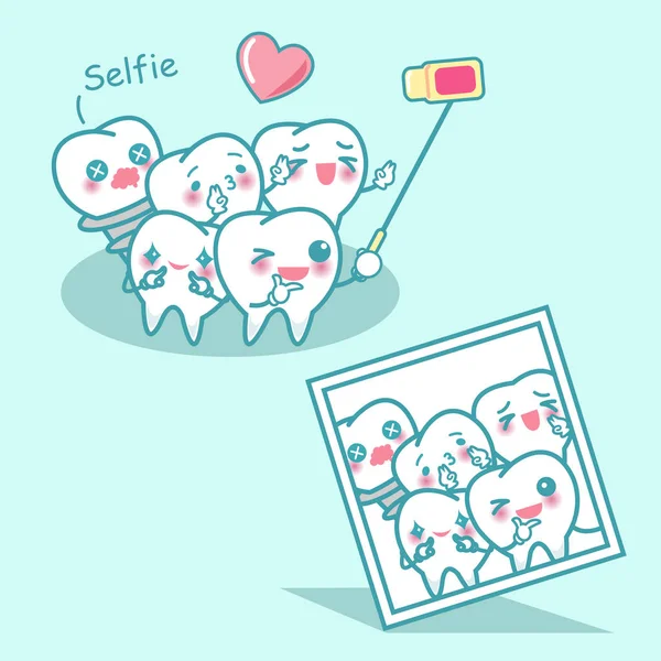 Dente de desenho animado feliz são selfie — Vetor de Stock
