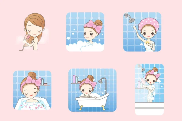 Wanita kartun sedang mandi - Stok Vektor