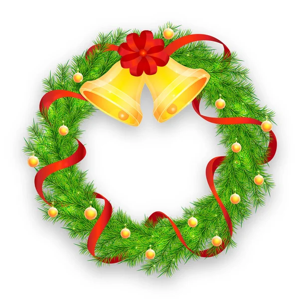 Kırmızı kurdele, çan ve beyaz backg topları ile Noel çelenk — Stok Vektör