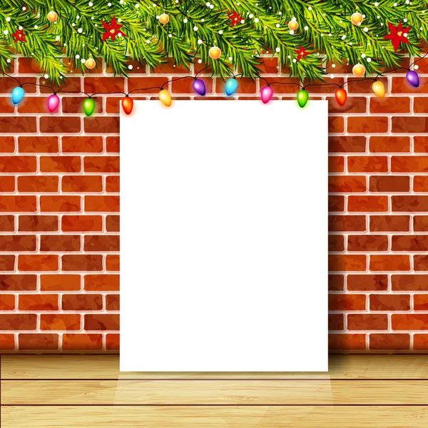 Grußkarte mit Weihnachtsbaumzweigen, Girlanden und Ziegelsteinen — Stockvektor