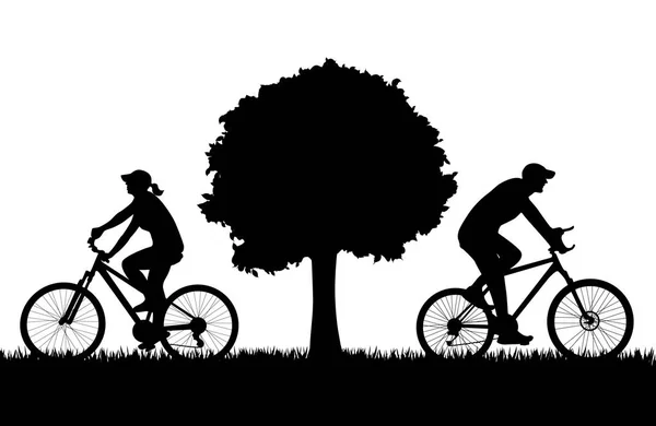 两个骑自行车的人在户外剪影矢量背景 — 图库矢量图片