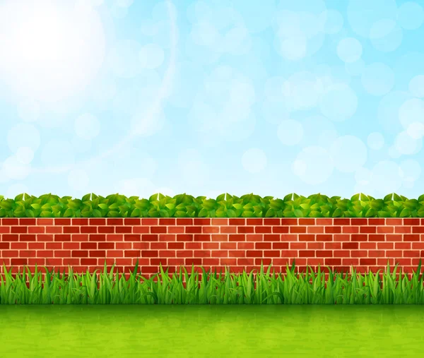 벽돌 벽과 녹색 잔디 벡터 정원 배경 — 스톡 벡터