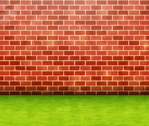 Mur en brique rouge avec fond vectoriel herbe verte — Image vectorielle