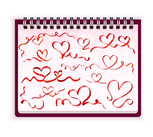 Caderno com fita vermelha corações vetor — Vetor de Stock