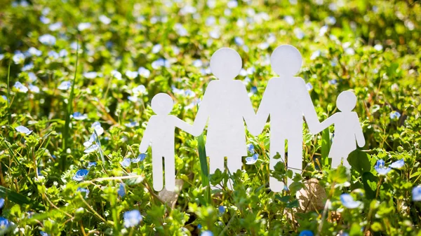 Família de corte de papel no fundo de grama verde — Fotografia de Stock