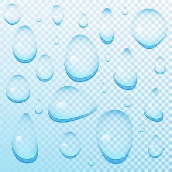 Conjunto de azul transparente gotas de agua vector — Vector de stock
