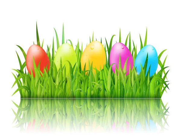 Tarjeta de felicitación feliz Pascua con huevos de colores sobre hierba verde — Vector de stock