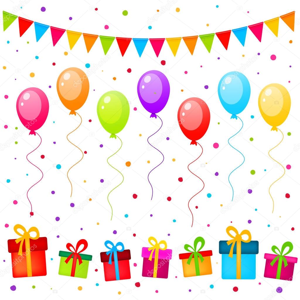 Vector party background with colorful balloons, flags and gifts
