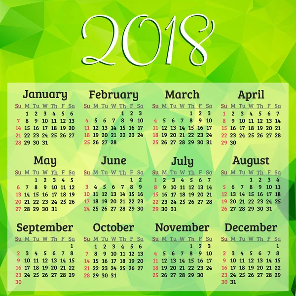 Kalender vektor Tahun 2018 dengan latar belakang abstrak hijau - Stok Vektor