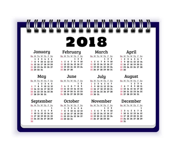 Kertas buku catatan dengan kalender untuk tahun 2018 - Stok Vektor
