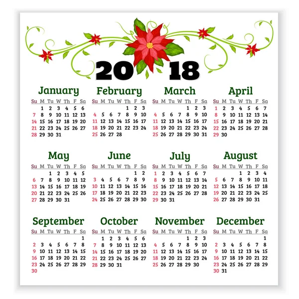 Calendário vetorial 2018 ano com flores de poinsettia — Vetor de Stock