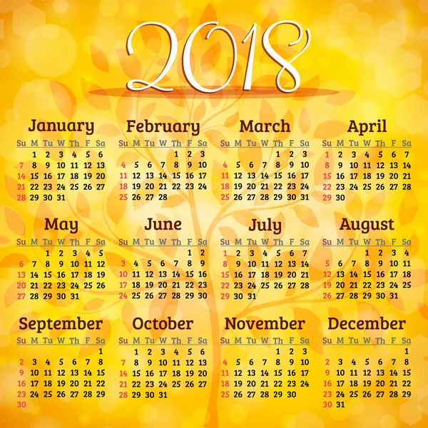 Осенний векторный календарь 2018 года с неделей начинается с воскресенья — стоковый вектор