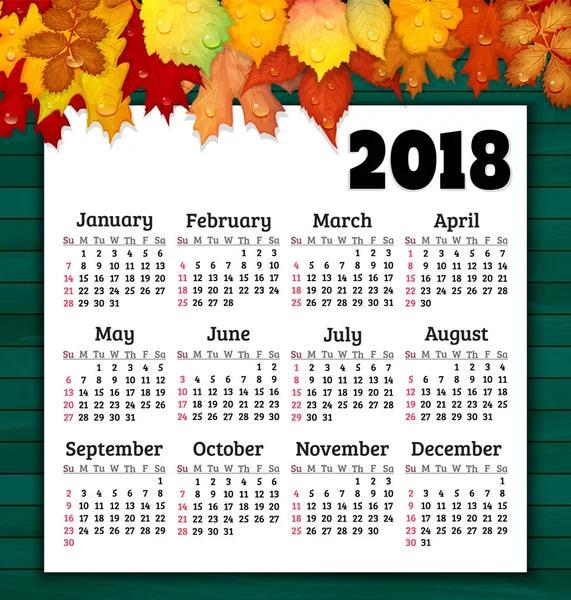 Kalender für 2018 mit bunten Herbstblättern — Stockvektor