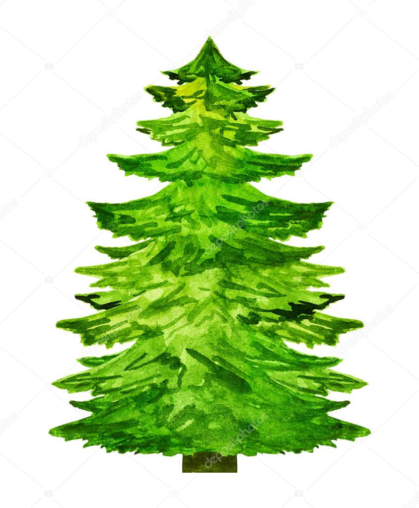 Watercolor christmas tree silhouette isolated on white background